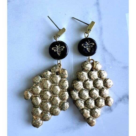 Handmade Polymer Clay Earrings Handcrafted Artwork Bee Honeycomb - Picture 3 of 5